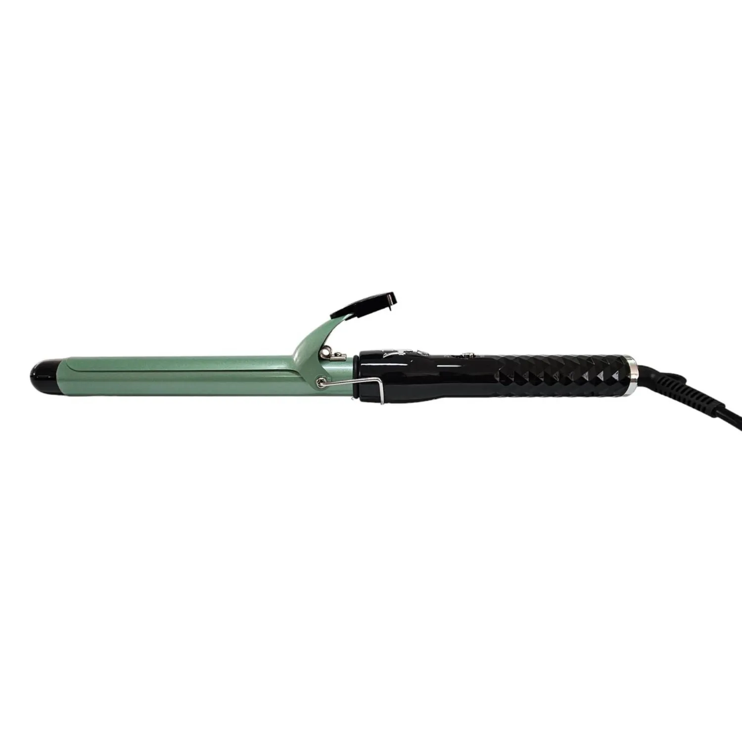 Rizadora de cabello con barril cerámico verde menta y mango ergonómico negro texturizado, vista lateral.