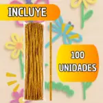Paquete transparente con 100 limpiapipas dorados brillantes y flexibles, ideal para manualidades escolares y decoraciones creativas.