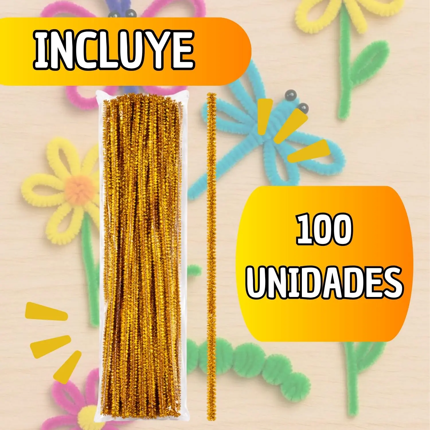 Paquete transparente con 100 limpiapipas dorados brillantes y flexibles, ideal para manualidades escolares y decoraciones creativas.