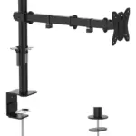 Soporte de escritorio negro para monitor de 15 a 30 pulgadas con brazo articulado, organizadores de cables y dos opciones de montaje: prensa y ojal.