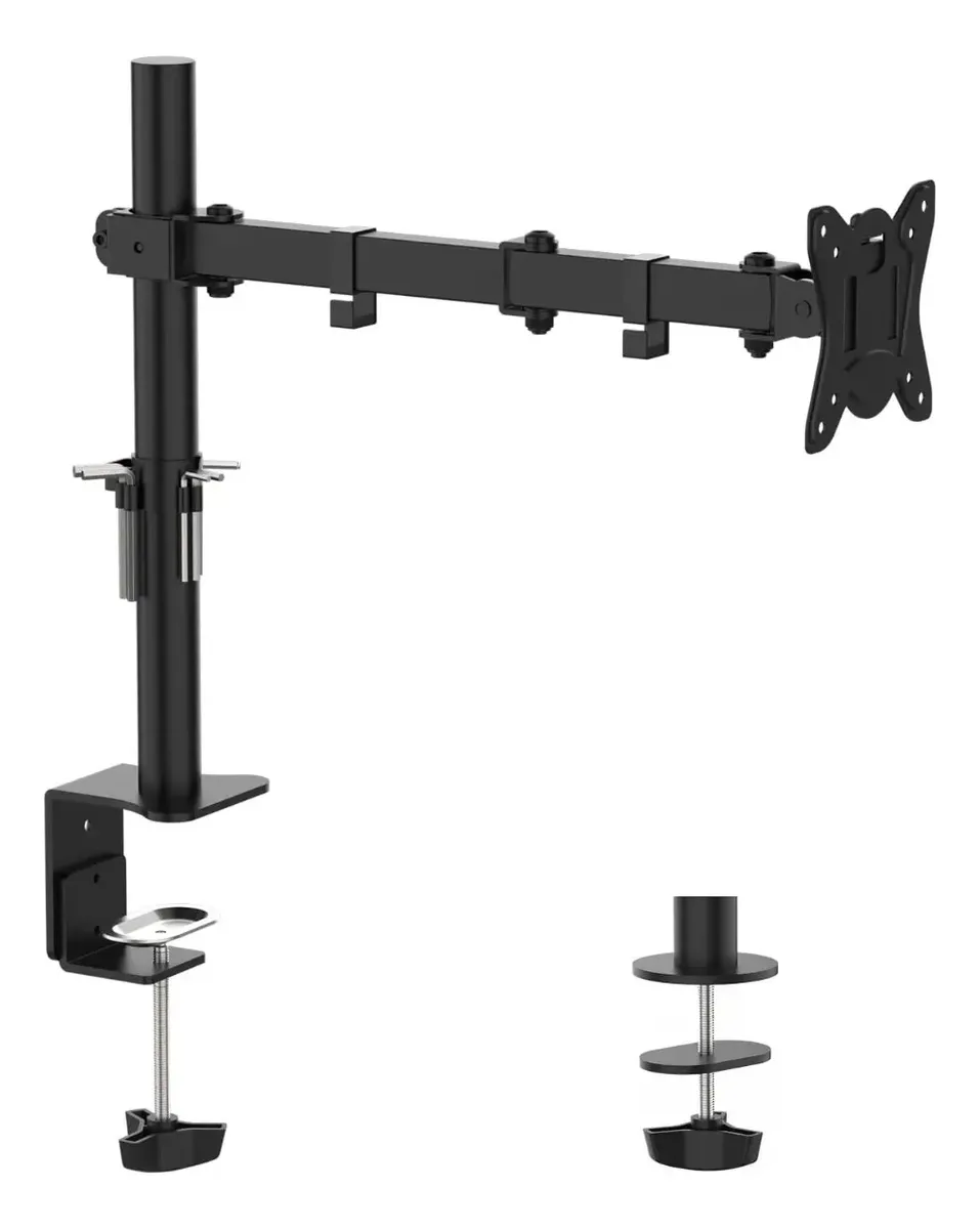 Soporte de escritorio negro para monitor de 15 a 30 pulgadas con brazo articulado, organizadores de cables y dos opciones de montaje: prensa y ojal.