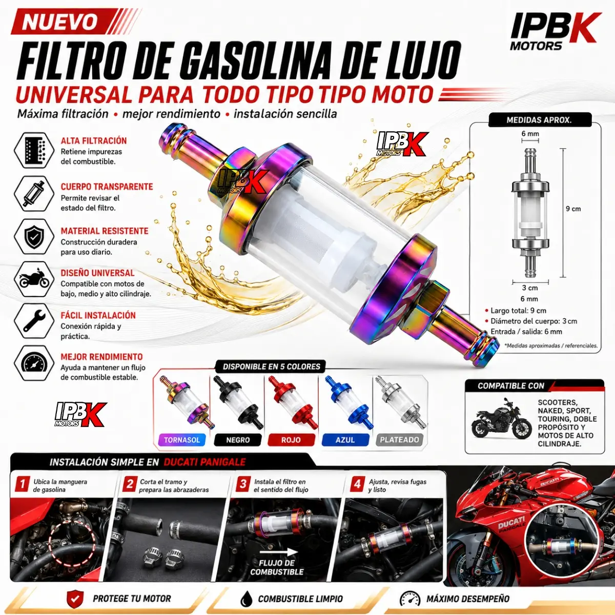 Filtro de gasolina universal transparente con terminales metálicos tornasol, 9 cm de largo y conexiones de 6 mm, incluye guía de instalación en moto.