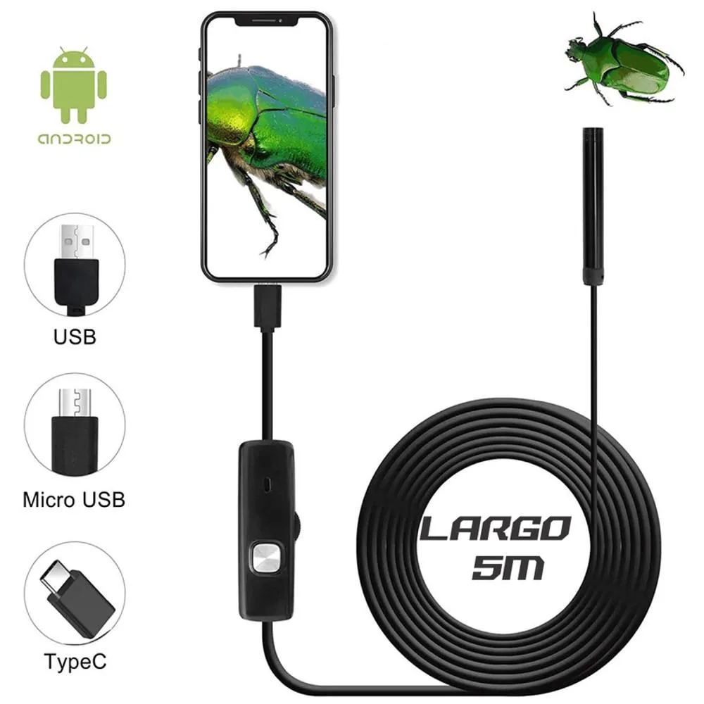 Cámara endoscópica con cable negro de 5 metros, conectores USB, Micro USB y Tipo C, conectada a un celular mostrando un insecto verde.