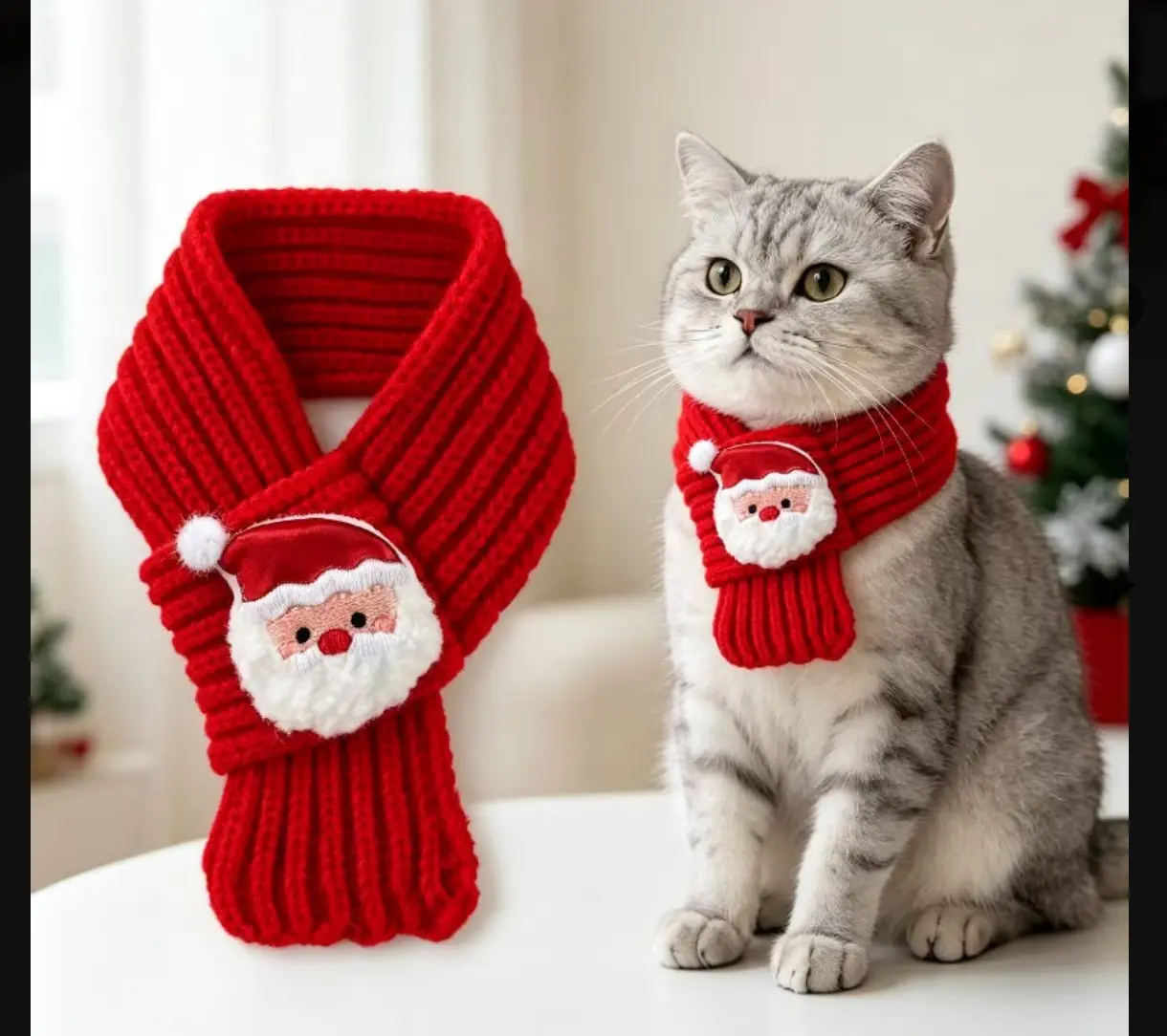 Bufanda navideña roja tejida con parche de Papá Noel para gato pequeño sentado sobre una mesa blanca.