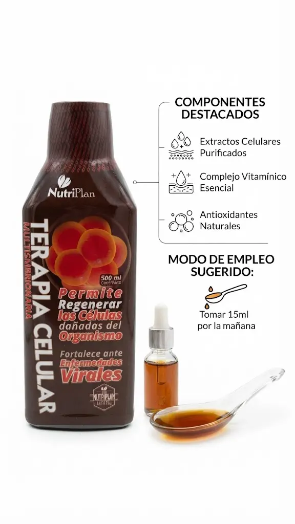 Set x2 de suplemento líquido Nutriplan Terapia Celular en frasco de 500 ml color marrón, con gotero y cuchara dosificadora con líquido ámbar.