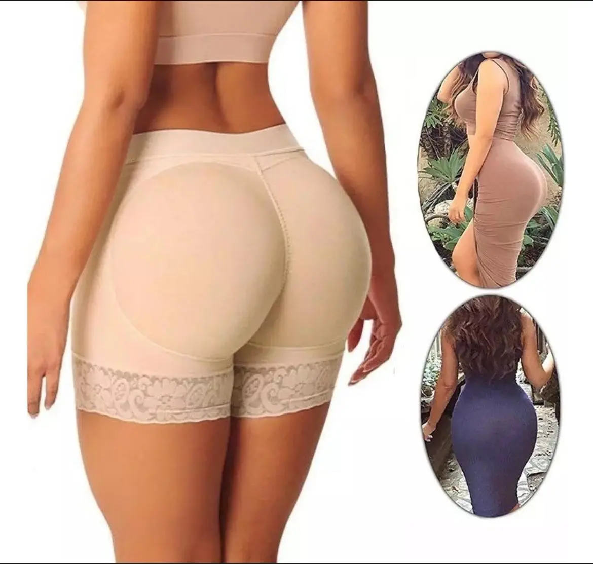 Panty moldeador corto color beige con relleno acolchado en los glúteos y detalle de encaje en las piernas para realzar curvas discretamente