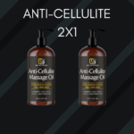 Promoción 2x1 de aceite anticelulítico M3 Naturals con colágeno y células madre, dos botellas de 240 ml con dosificador sobre fondo oscuro diagonal.