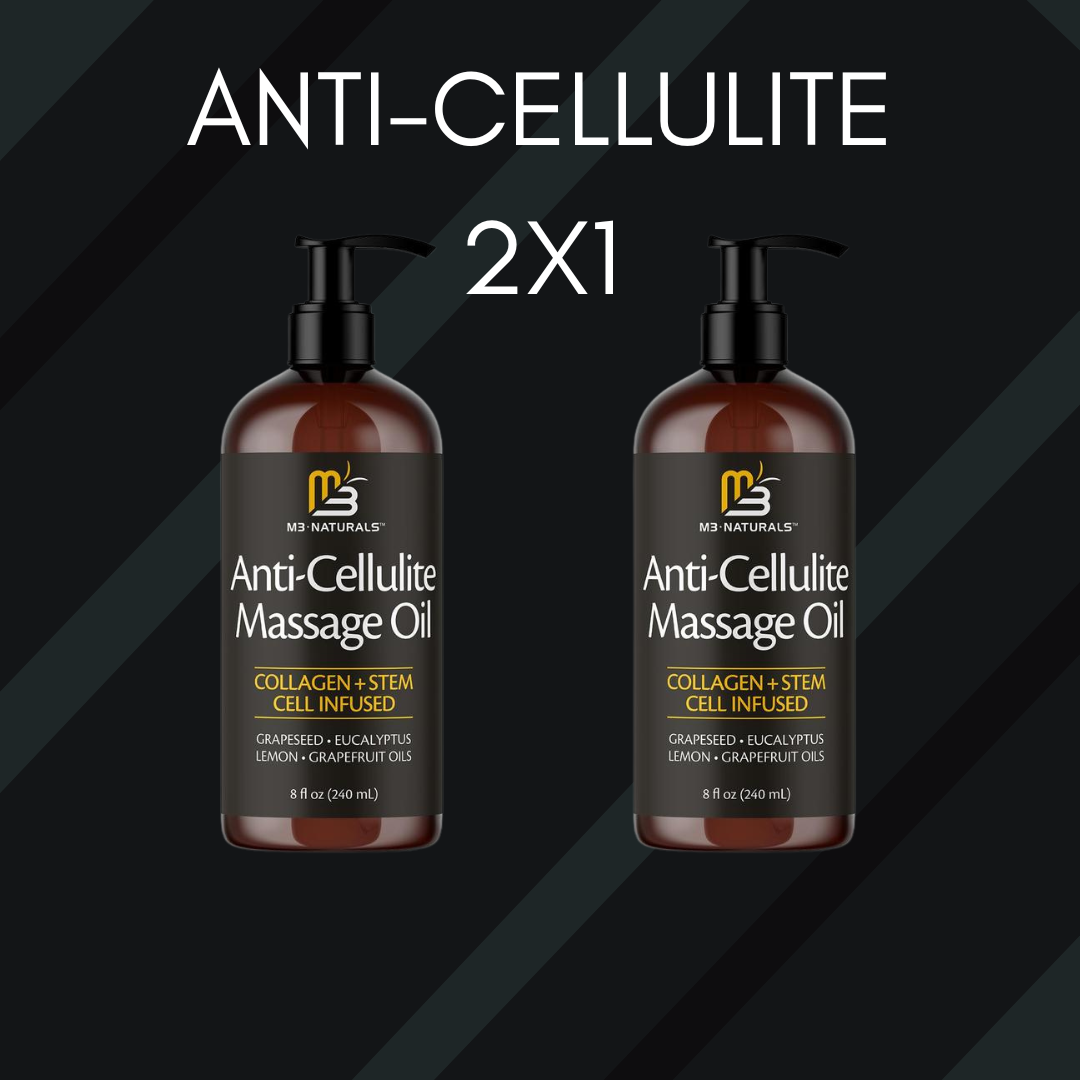 Promoción 2x1 de aceite anticelulítico M3 Naturals con colágeno y células madre, dos botellas de 240 ml con dosificador sobre fondo oscuro diagonal.