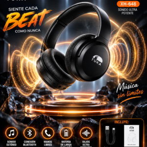 Audífonos inalámbricos Tuka XH-648 negros con almohadillas ergonómicas y ondas de luz naranja. Incluye cable tipo C y manual de usuario.