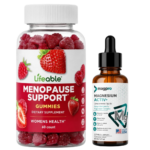 Frasco plástico de 60 gomitas masticables rojas para menopausia y gotero de vidrio con magnesio líquido de 30 ml sobre fondo blanco.