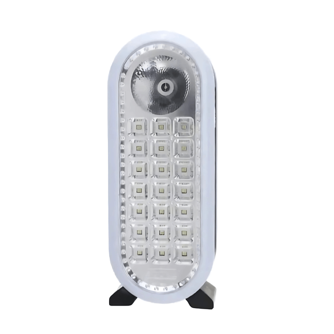 Lámpara de emergencia portátil recargable blanca con lente de linterna superior y panel de múltiples luces LED para iluminación de áreas.