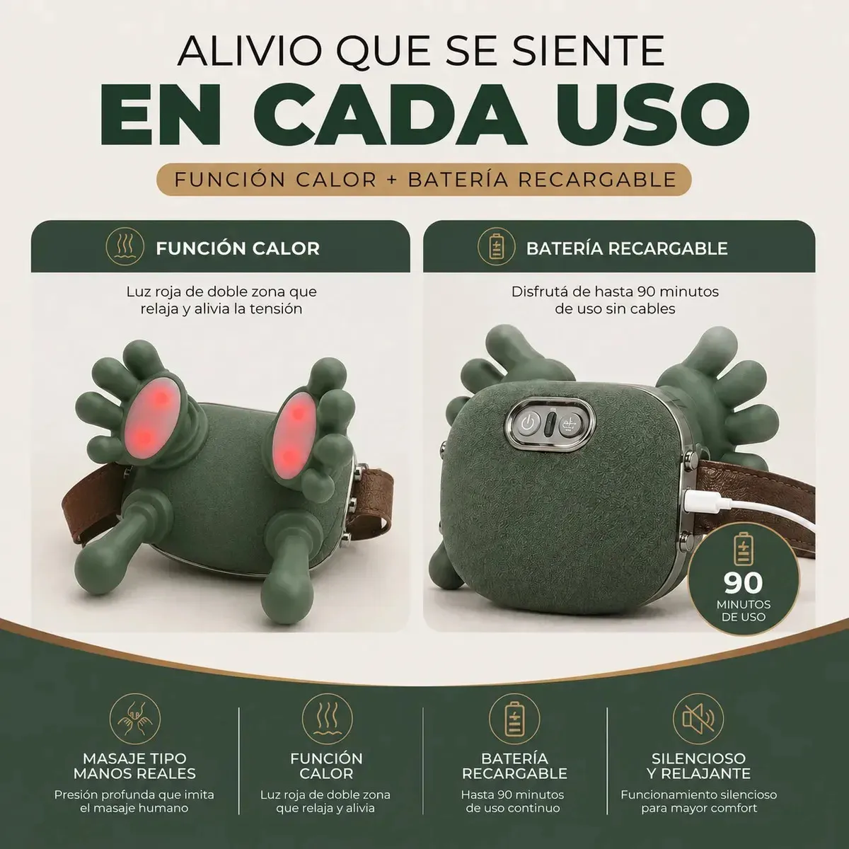 Masajeador inalámbrico verde oscuro texturizado con cuatro nodos de silicona en forma de manos y función de calor infrarrojo de doble zona.