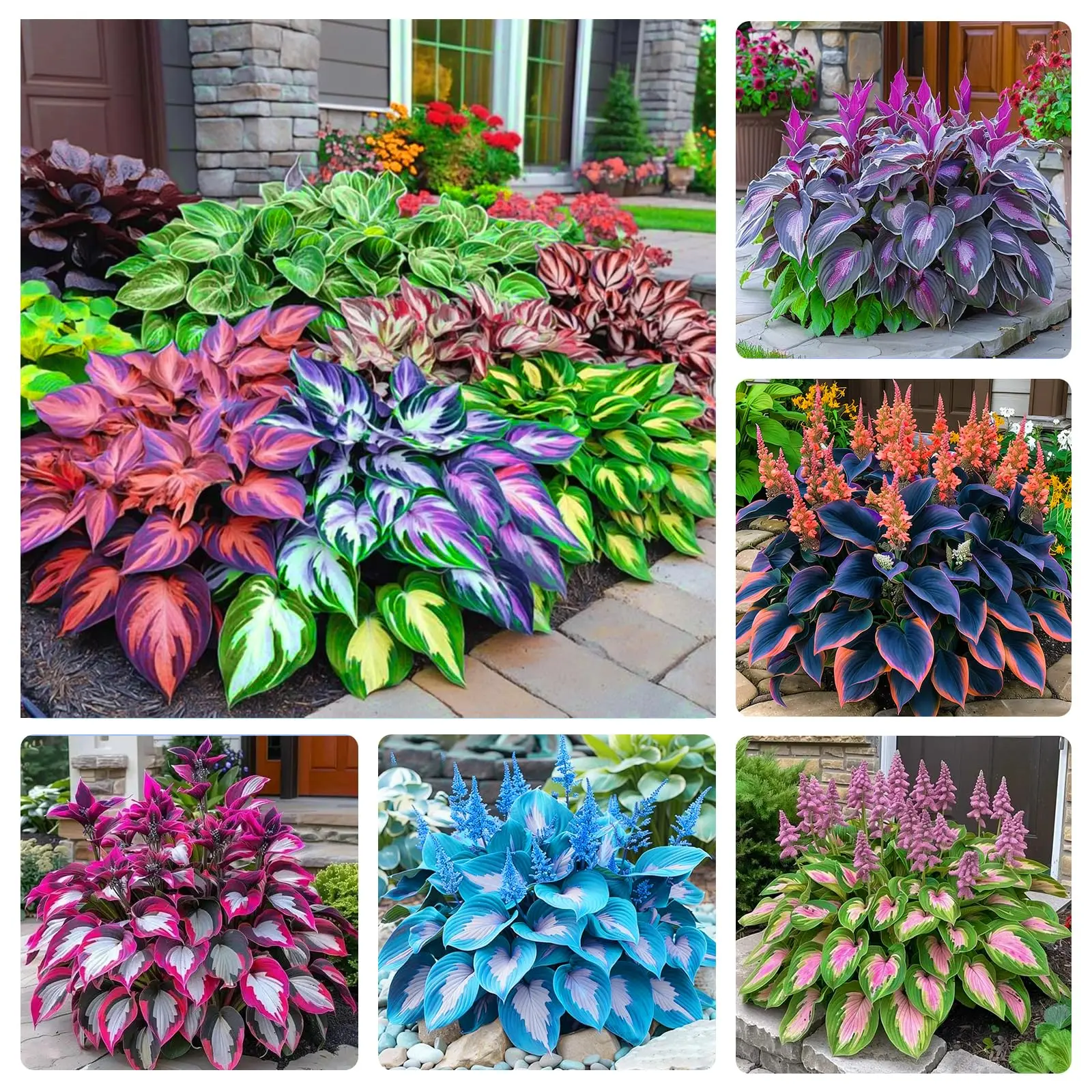 Variedad de hostas con follaje llamativo en tonos azul, púrpura, verde y rosa, ideales para decorar jardines de sombra con texturas vibrantes