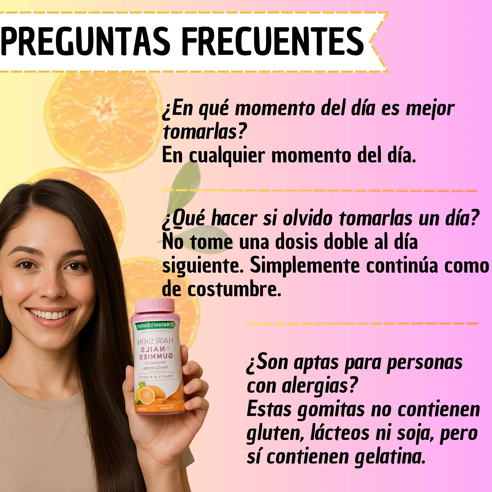Mujer sonriente sosteniendo un frasco rosado de gomitas de biotina para cabello, piel y uñas, con texto de preguntas frecuentes.