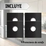 Set de 4 protectores de estufa negros con acabado texturizado, diseño cuadrado con orificio central para quemador, ideales para evitar manchas de grasa.