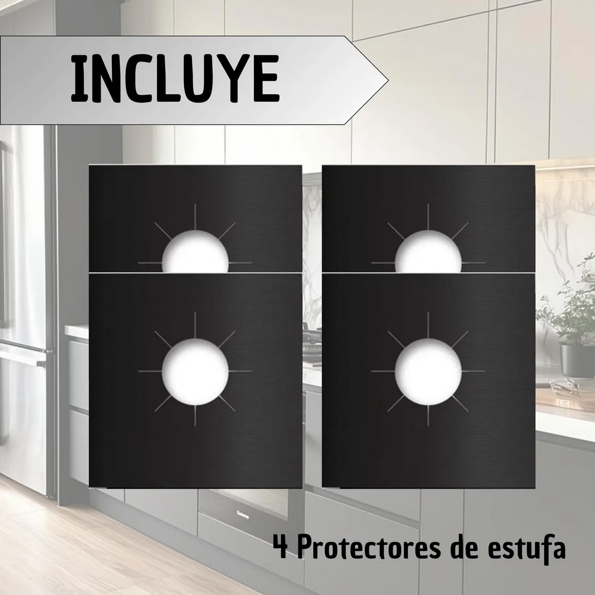Set de 4 protectores de estufa negros con acabado texturizado, diseño cuadrado con orificio central para quemador, ideales para evitar manchas de grasa.