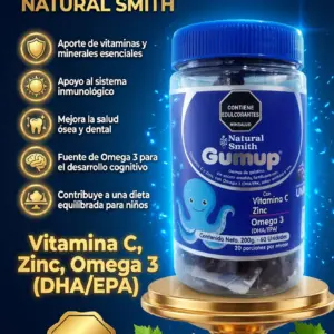 Frasco de gomitas para niños Natural Smith con Vitamina C, Zinc y Omega 3, presentación de 60 unidades y 200 gramos, sobre base dorada con uvas.