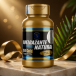 Frasco dorado de suplemento Adelgazante Natural 360 Gold con 60 cápsulas, sobre base de mármol con cinta dorada y hojas de palma al fondo.