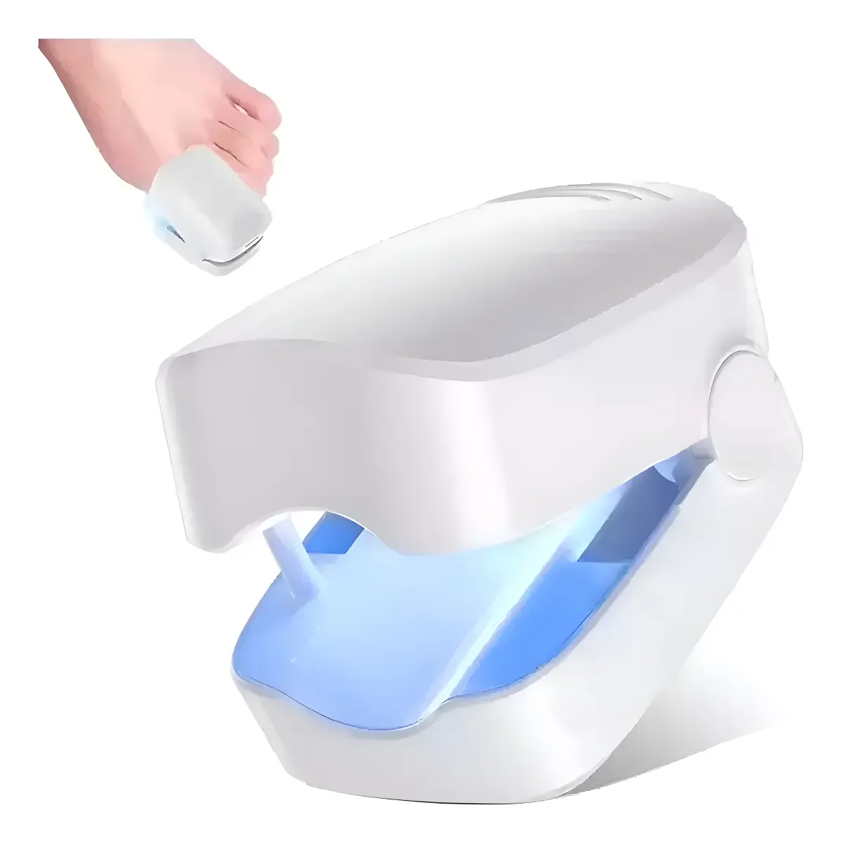 Set de dos láseres blancos para micosis de uñas: un dispositivo grande con luz azul y un aplicador manual pequeño para manos y pies.