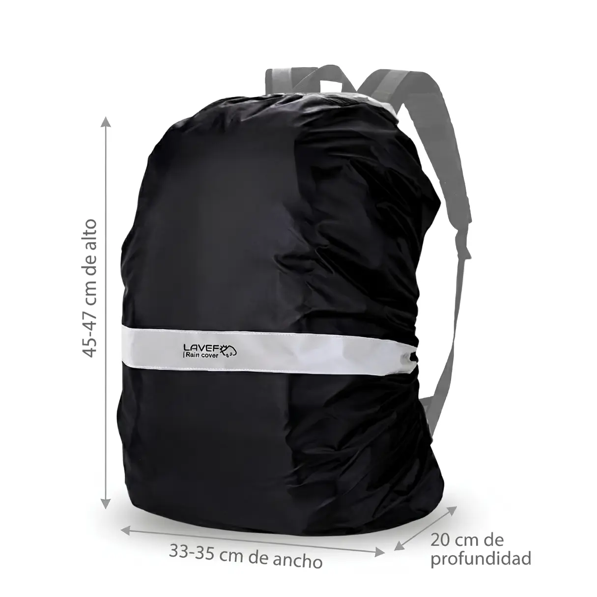 Forro impermeable negro para maletín con banda reflectiva. Mide 45-47 cm de alto, 33-35 cm de ancho y 20 cm de profundidad.