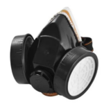 Respirador industrial negro reutilizable con doble filtro lateral y visor transparente, mostrado en ángulo de tres cuartos sobre fondo blanco