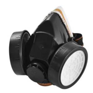 Respirador industrial negro reutilizable con doble filtro lateral y visor transparente, mostrado en ángulo de tres cuartos sobre fondo blanco