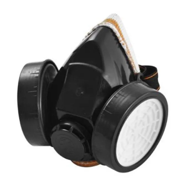 Respirador industrial negro reutilizable con doble filtro lateral y visor transparente, mostrado en ángulo de tres cuartos sobre fondo blanco