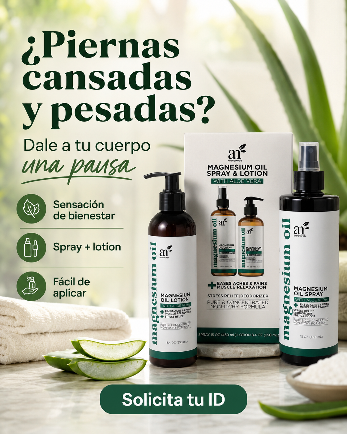 Set de Magnesium Oil con Aloe Vera que incluye un spray de 15 oz y una loción de 8.4 oz, ideal para aliviar tensión muscular sobre una base de aloe.