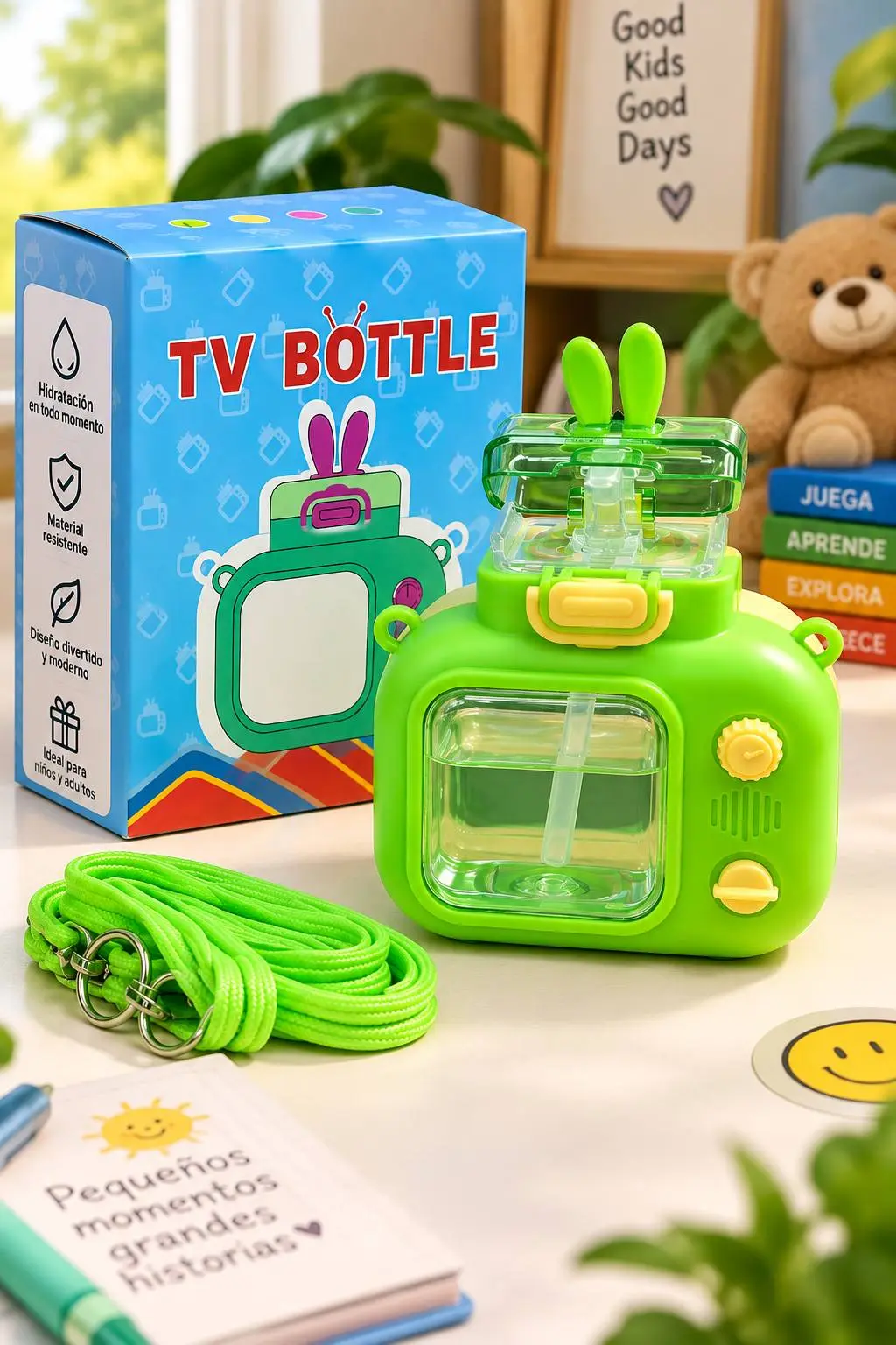 Termo infantil verde con diseño de televisión, correa larga, caja azul decorada, popote integrado y detalles amarillos sobre una mesa.