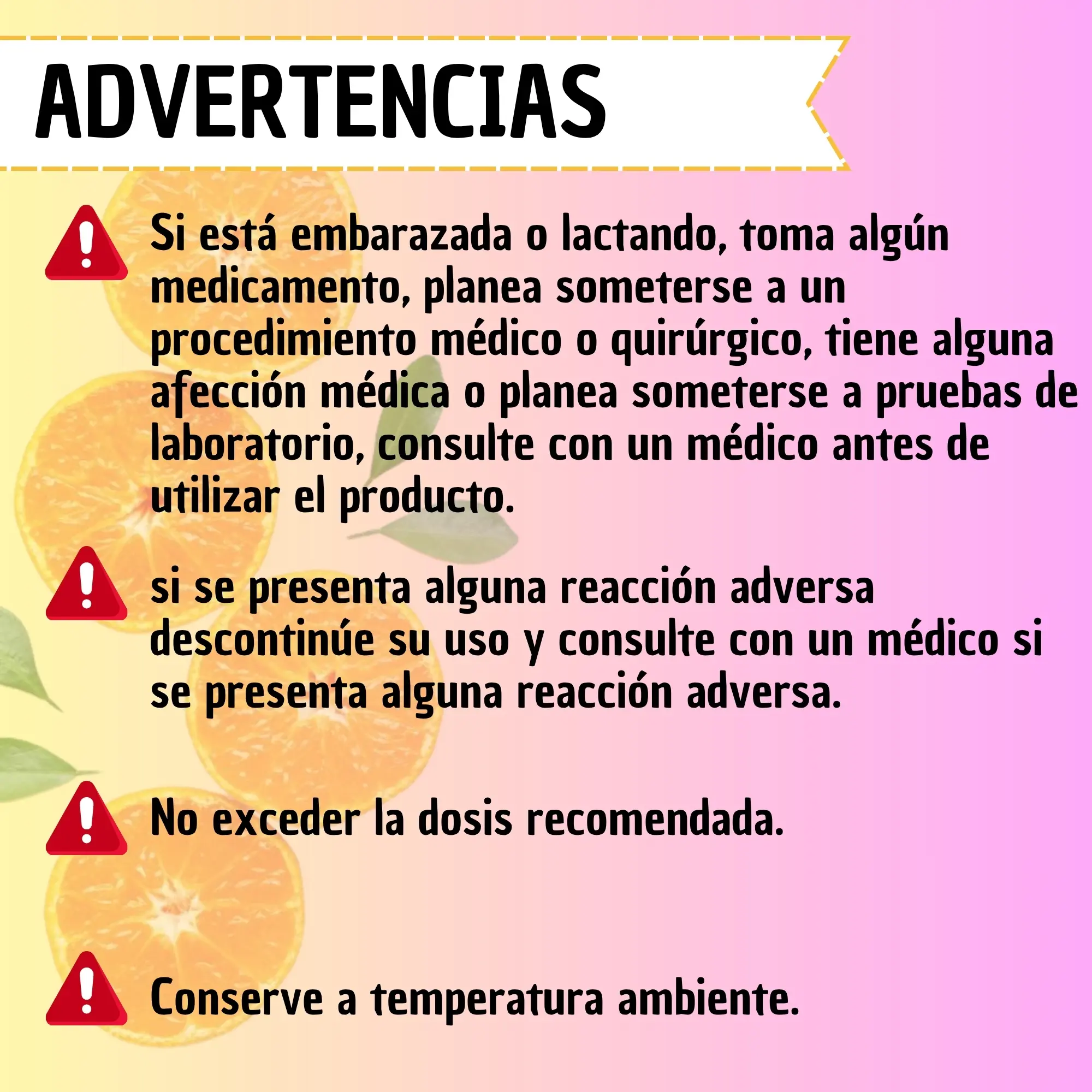 informativa de advertencias sobre el uso del producto, con cuatro puntos de precaución y iconos de alerta en rojo.