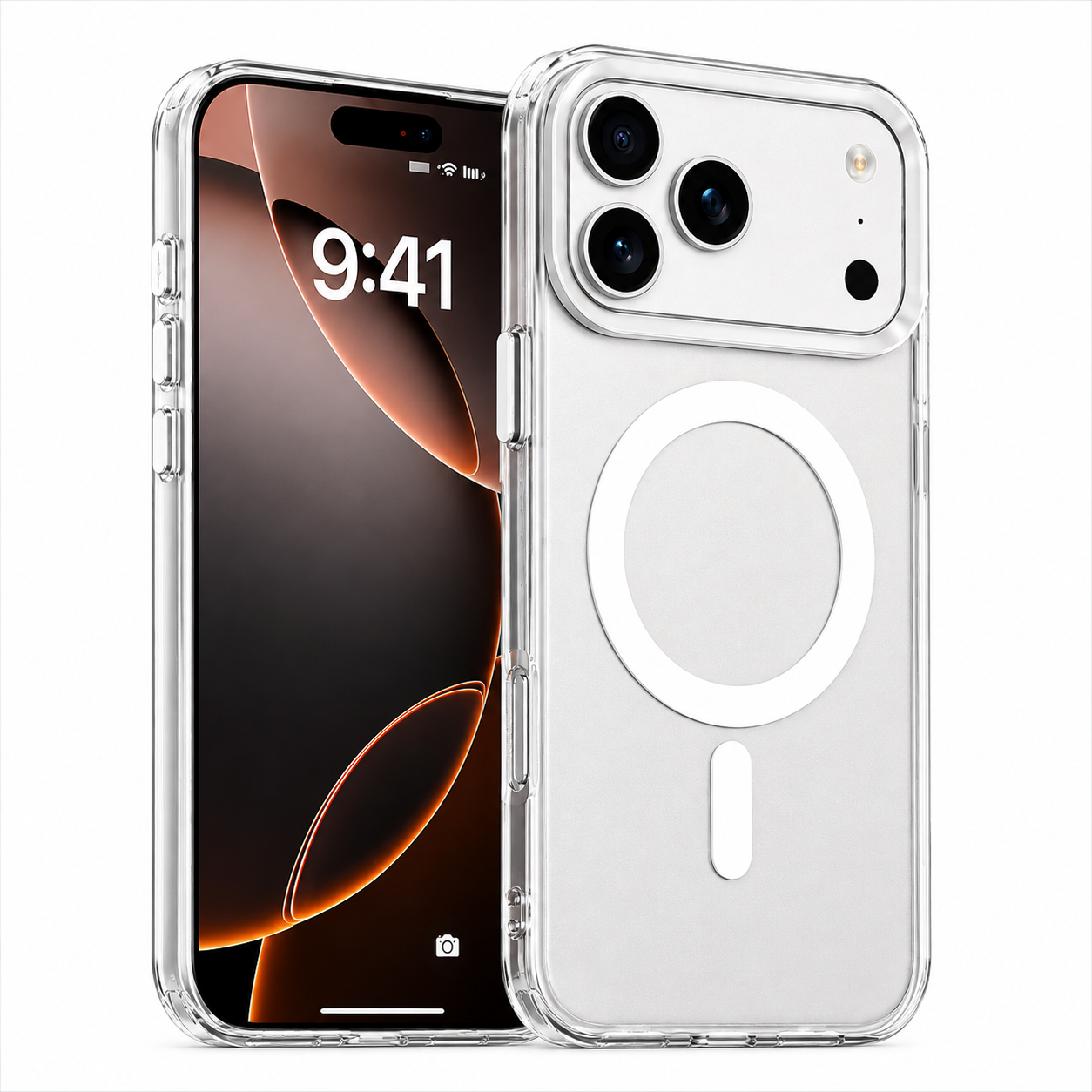 Estuche transparente MagSafe para iPhone 17 Pro con anillo magnético blanco y marco protector reforzado para cámara trasera