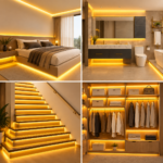 Cintas LED de luz blanca cálida aplicadas en dormitorios, baños, escaleras y clósets para lograr una iluminación ambiental suave e indirecta.