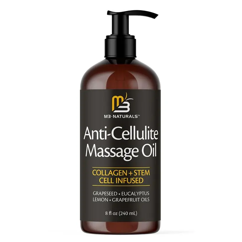 Aceite de masaje anticelulitis M3 Naturals en frasco ámbar de 240 ml con dosificador negro, infundido con colágeno y células madre.