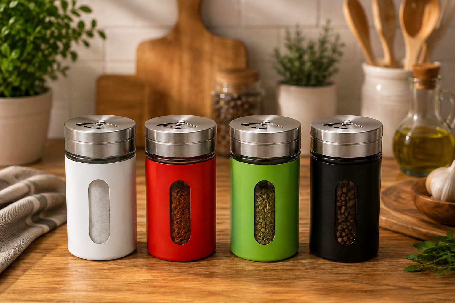 Cuatro dispensadores para especias con cuerpo metálico en colores blanco, rojo, verde y negro, ventana transparente y tapa dosificadora sobre mesa de madera.