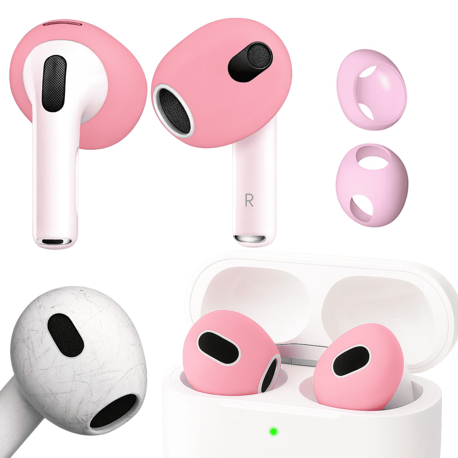 Fundas de silicona rosadas para AirPods, incluyen dos protectores para auriculares, un par instalado en estuche de carga y otro par de repuesto.