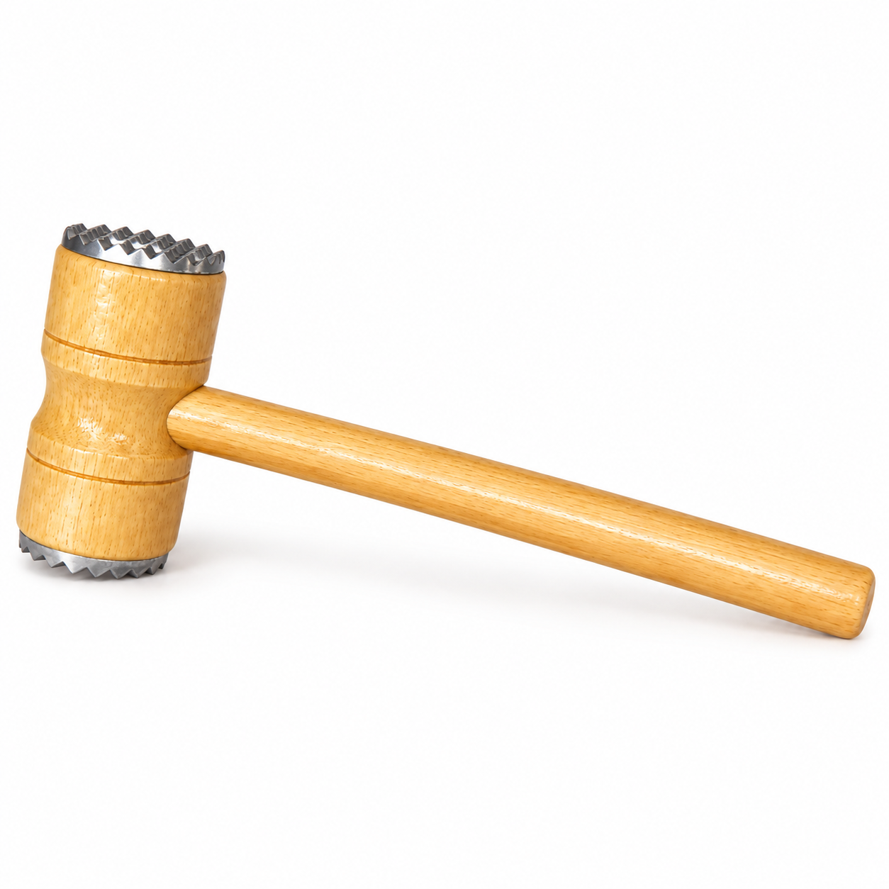Martillo de cocina de madera con mango cilíndrico y cabezal de doble cara metálica dentada para ablandar carne
