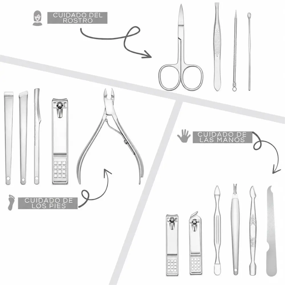 Kit de cuidado personal de quince piezas en acero inoxidable, organizado en tres secciones para rostro, manos y pies con herramientas especializadas.