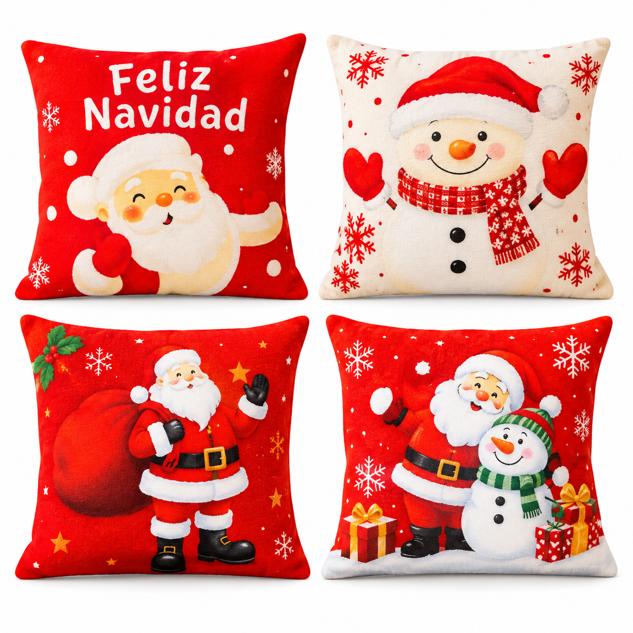 Set de cuatro cojines navideños decorativos en rojo y crema con motivos de Papá Noel, muñecos de nieve y la frase Feliz Navidad.