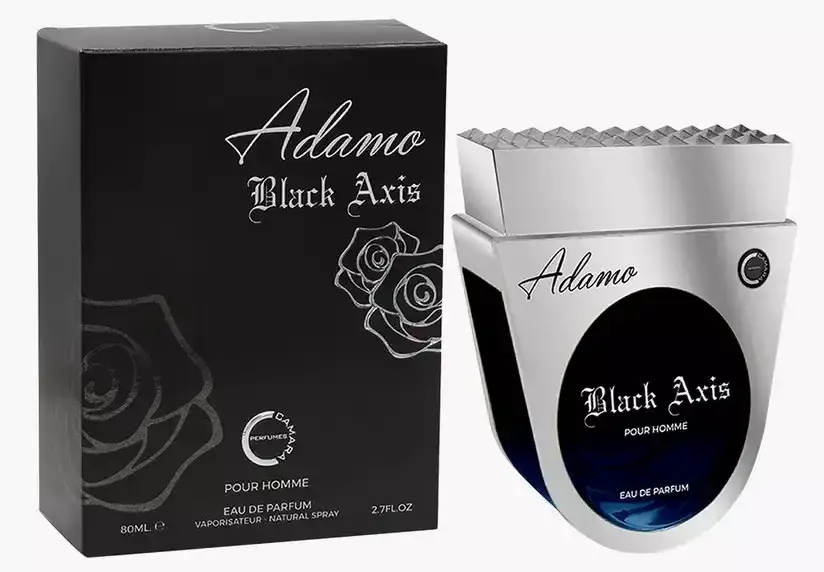 Perfume Adamo Black Axis Pour Homme de 80 ml con caja negra con rosas plateadas y botella metalizada de diseño moderno y angular.