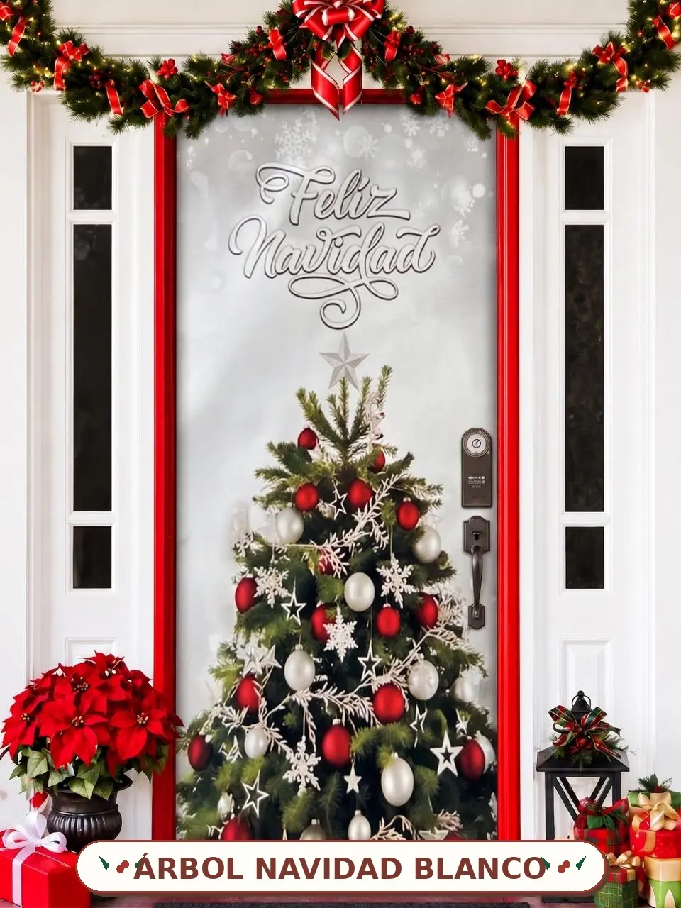 Forro elástico para puerta con diseño de árbol de Navidad decorado con esferas rojas y blancas, texto Feliz Navidad y fondo nevado para decoración festiva.