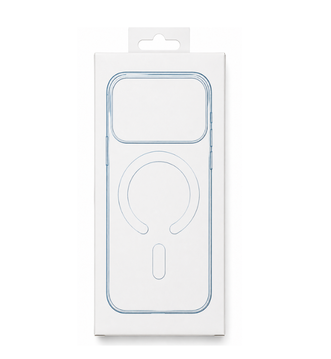 Estuche MagSafe transparente con tono azulado para iPhone 17 Pro, presentado en caja blanca de exhibición con colgador superior.