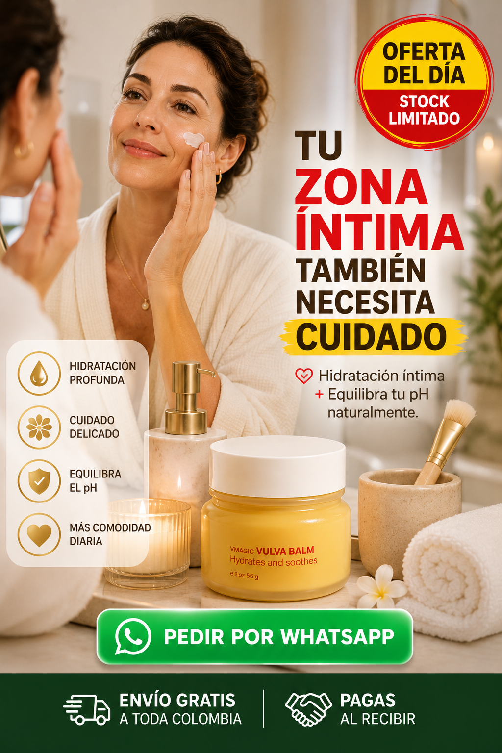 Bálsamo hidratante íntimo Vulva Balm en frasco amarillo, rodeado de elementos de spa con velas y toallas, para el equilibrio del pH.