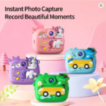 Cámara infantil de impresión instantánea portátil disponible en colores rosado, morado, azul y verde con diseños de unicornio y dinosaurio en relieve.