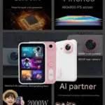 Smartphone infantil rosa y blanco con pantalla de 4 pulgadas, cámara dual, juegos educativos y personajes de IA para aprendizaje seguro.