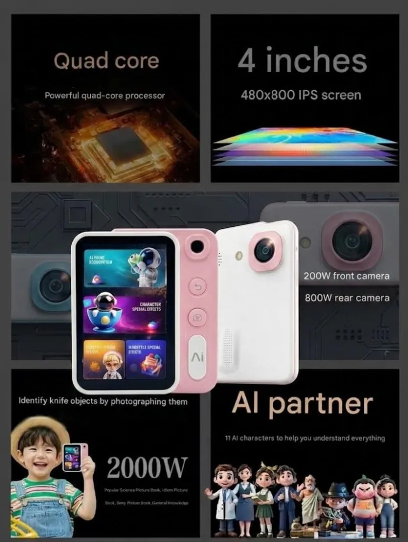Smartphone infantil rosa y blanco con pantalla de 4 pulgadas, cámara dual, juegos educativos y personajes de IA para aprendizaje seguro.