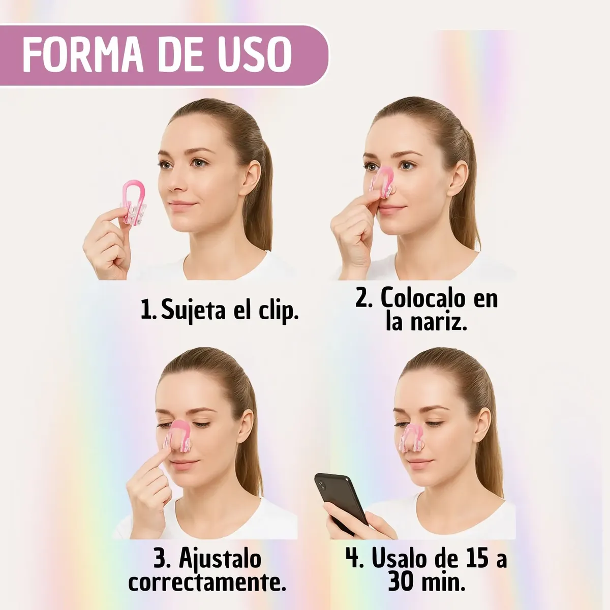 Mujer aplicando clip corrector nasal rosa de silicona con soportes transparentes para moldear la nariz de 15 a 30 minutos al día