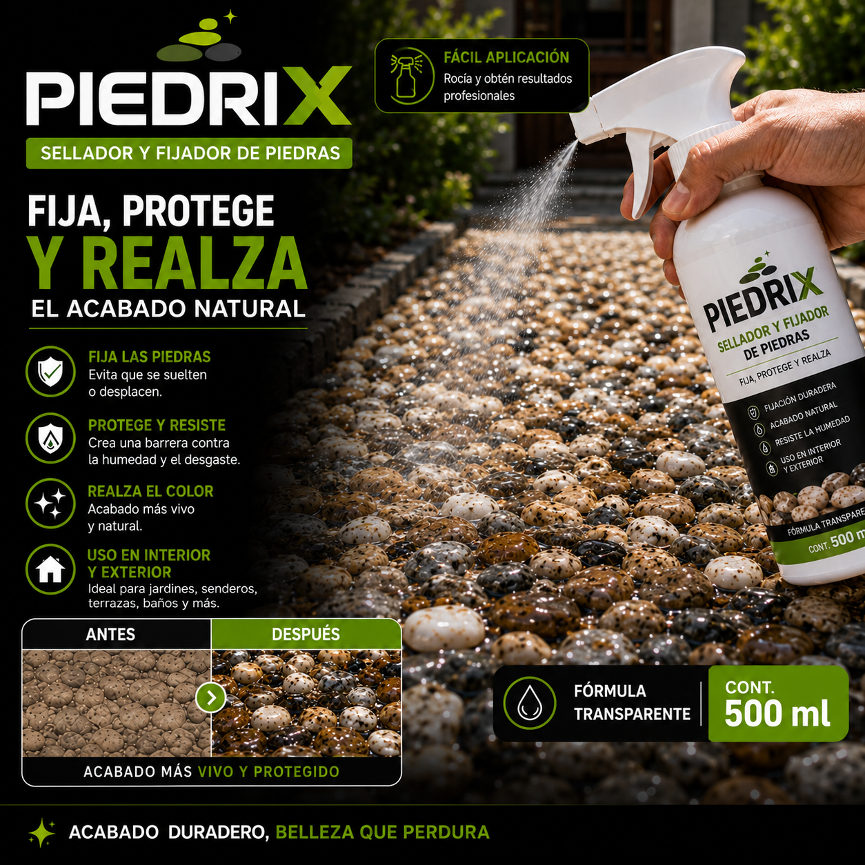 Set x2 Piedrix sellador y fijador de piedras en spray, transparente de 500 ml, ideal para dar acabado natural brillante y proteger senderos de jardín.