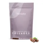 Empaque en bolsa de pie color lila claro, con cierre superior tipo Ziploc, marca Nutriplus y texto blanco que indica café instantáneo con achicoria y colágeno blend, con un peso neto de 100 gramos y granos de café con hojas verdes en la esquina inferior derecha.