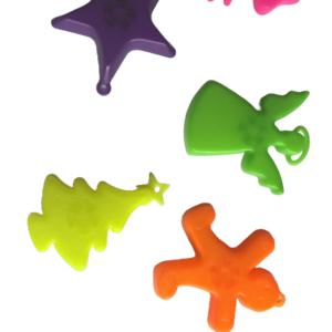 Porta velas navideños de plástico fluorescente en forma de estrella morada, moño rosa, ángel verde, árbol amarillo y hombre de jengibre naranja.