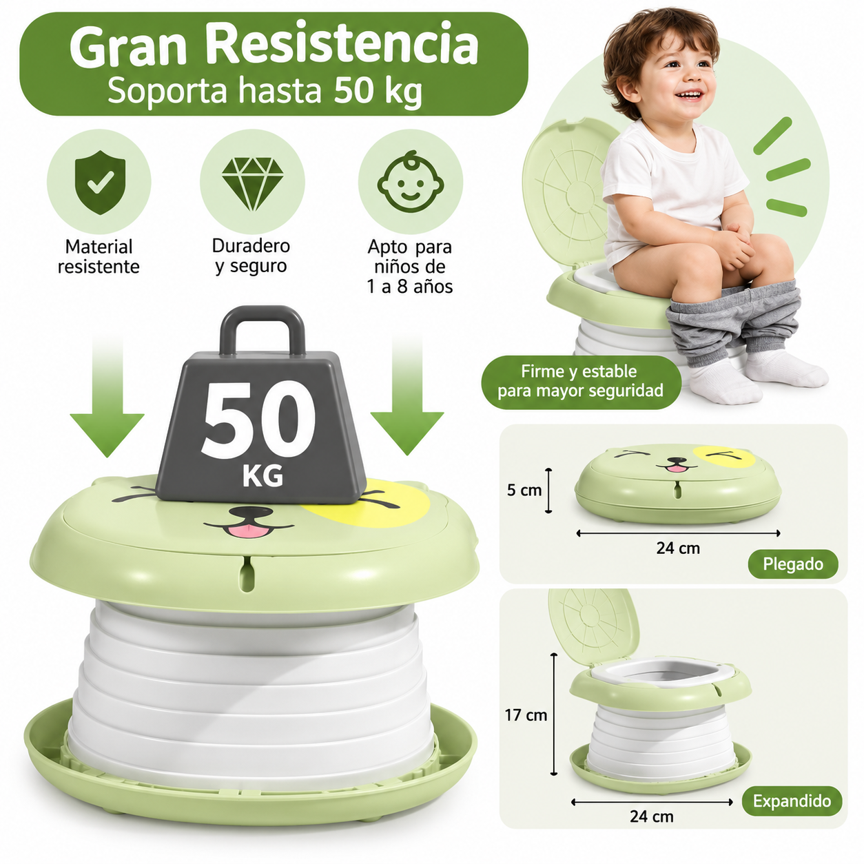 Bacinilla portátil plegable color verde con diseño de osito, soporta 50 kg, mide 24 cm de ancho y se ajusta de 5 a 17 cm de altura para niños.